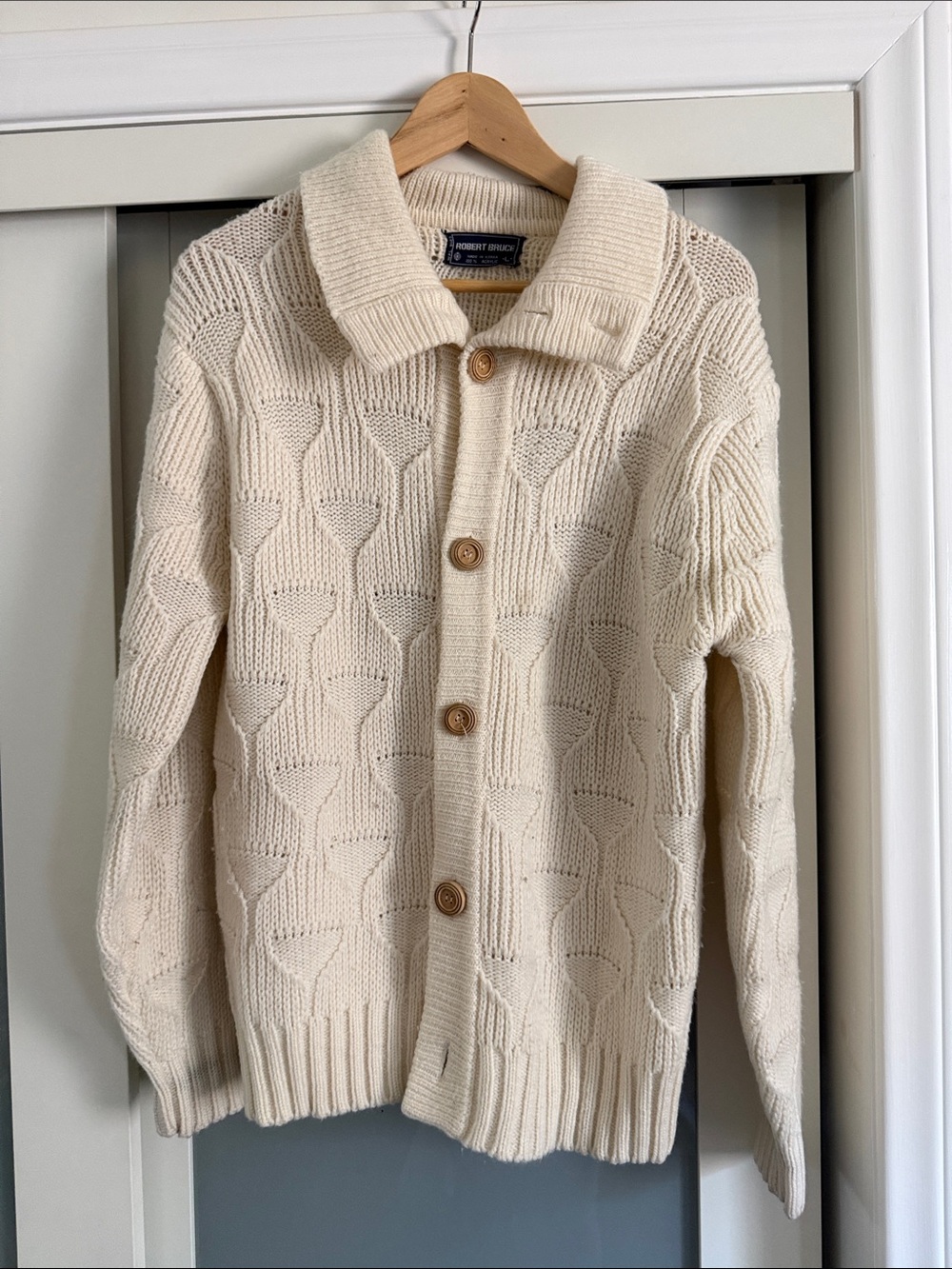 Men's Vintage Cream Cable Knit Button-Up Cardigan Sweater